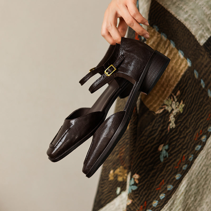 Women's Handmade Full-Grain Sheepskin Mary Jane Sandals, Vintage Square Toe Low Block Heel Shoes