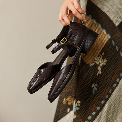 Women's Handmade Full-Grain Sheepskin Mary Jane Sandals, Vintage Square Toe Low Block Heel Shoes