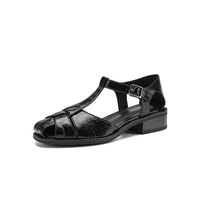 Women's Washed Full-Grain Leather Fisherman Sandals, Handmade Woven T-Strap Block Heel Shoes