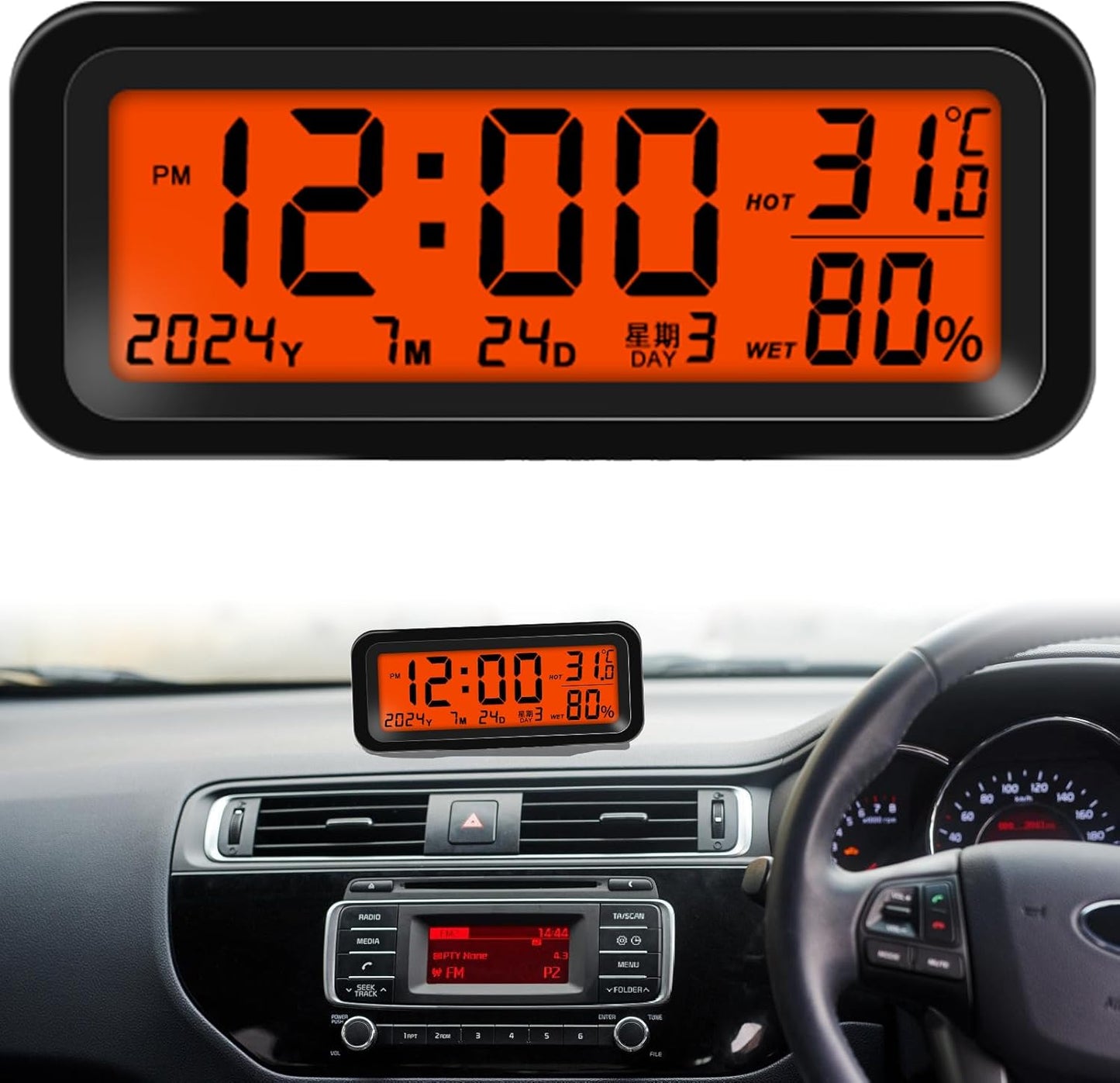 Car Digital Clock – Rechargeable Dashboard Clock with Time, Date, Temperature & Humidity Display – for Cars & Trucks