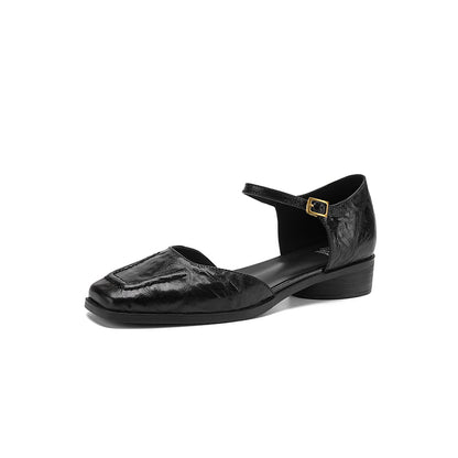 Women's Handmade Full-Grain Sheepskin Mary Jane Sandals, Vintage Square Toe Low Block Heel Shoes
