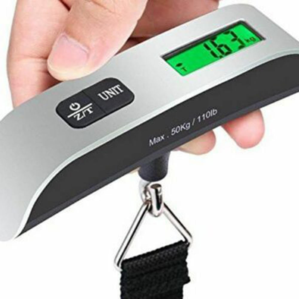 Portable digital hanging scale with 50kg capacity and LCD backlight display