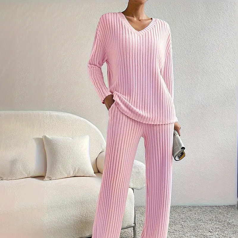 Women's V-Neck Ribbed 2-Piece Set for Fall and Winter