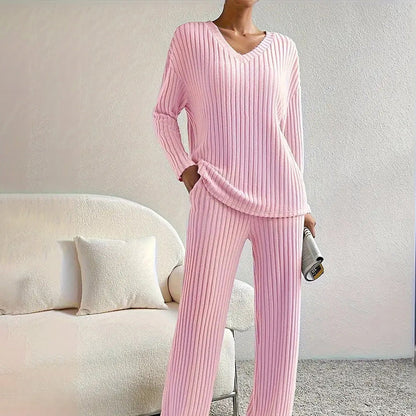 Women's V-Neck Ribbed 2-Piece Set for Fall and Winter