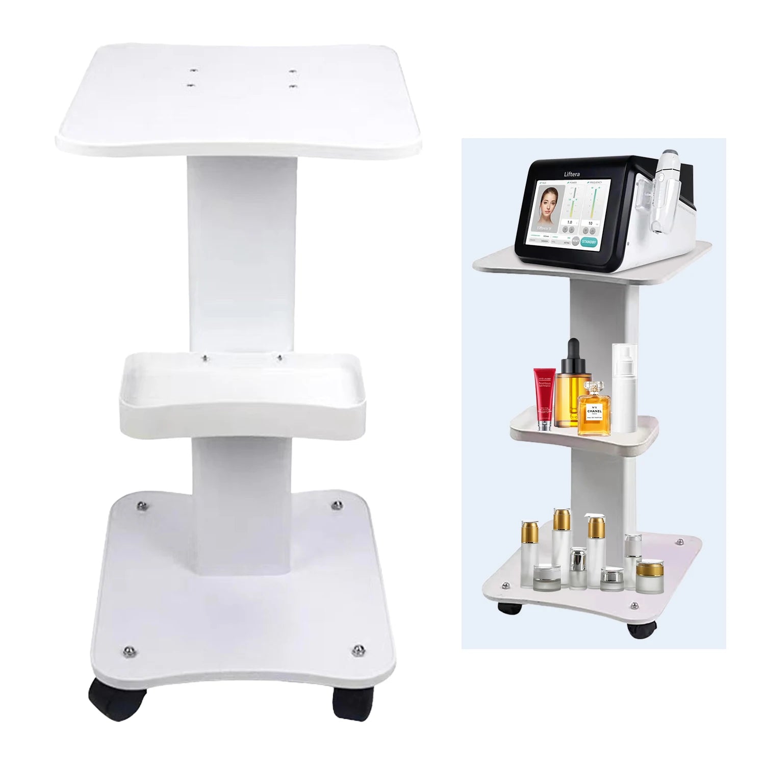 White beauty salon trolley with 360-degree rotatable wheels for spa equipment