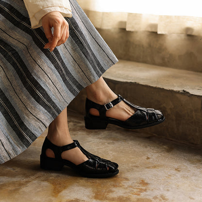 Women's Washed Full-Grain Leather Fisherman Sandals, Handmade Woven T-Strap Block Heel Shoes