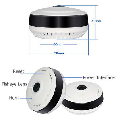 Fish-eye lens WiFi camera showing full room panoramic coverage
