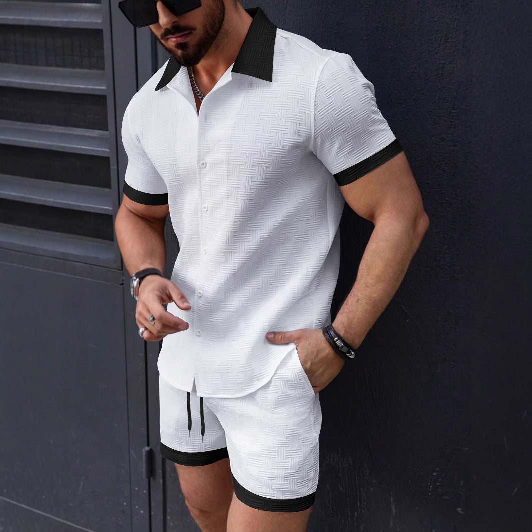 Mens Casual Color-Block Short-Sleeve Shirt And Shorts Beach Set