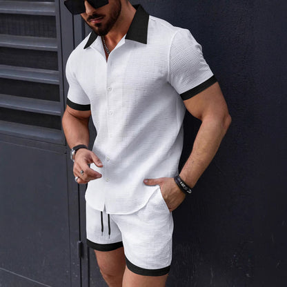 Mens Casual Color-Block Short-Sleeve Shirt And Shorts Beach Set