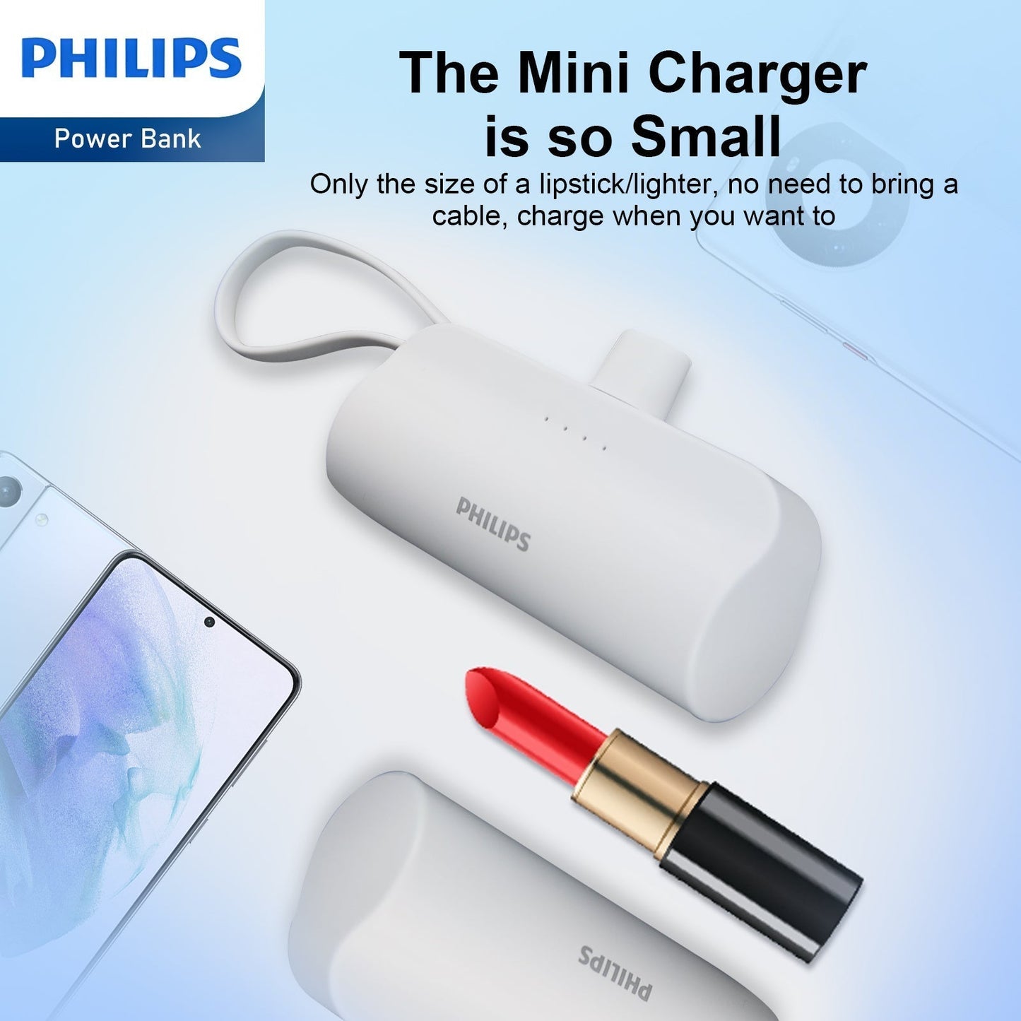 2 PCS Philips Mini Portable Charger for iPhone with Cable, 4800mAh Power Bank DLP2550CW-bundle