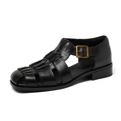 Women's Handmade Full-Grain Leather Fisherman Sandals, Woven Closed Toe Buckle Flat Shoes