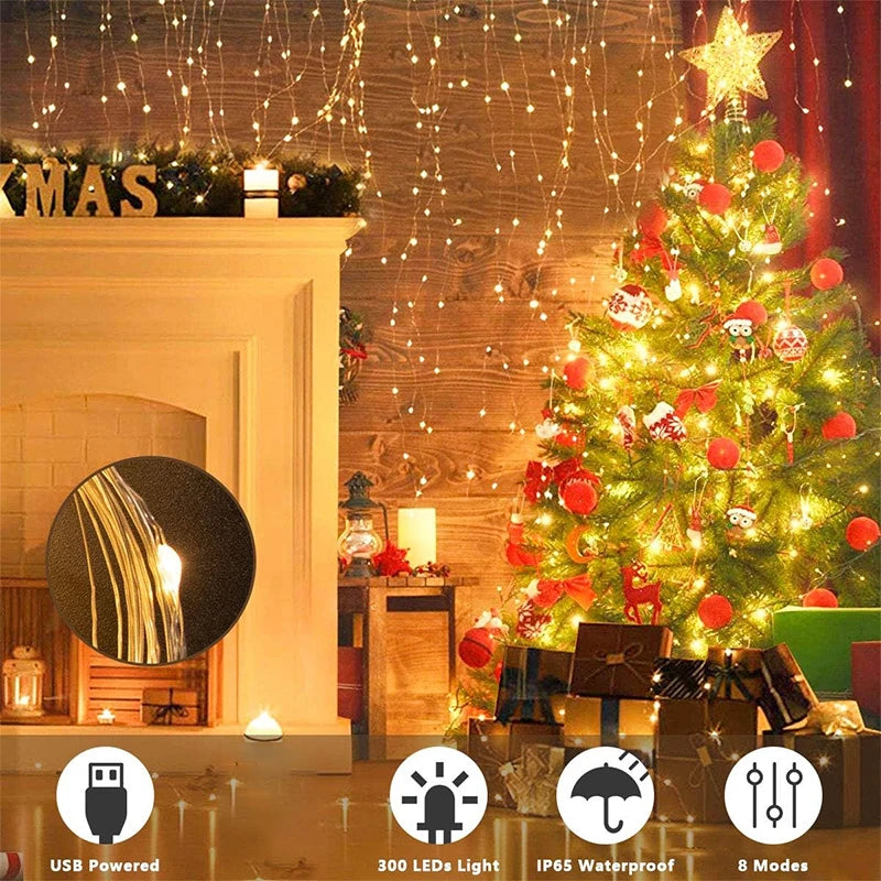 3M LED string lights with 8 modes illuminating a festive Christmas party