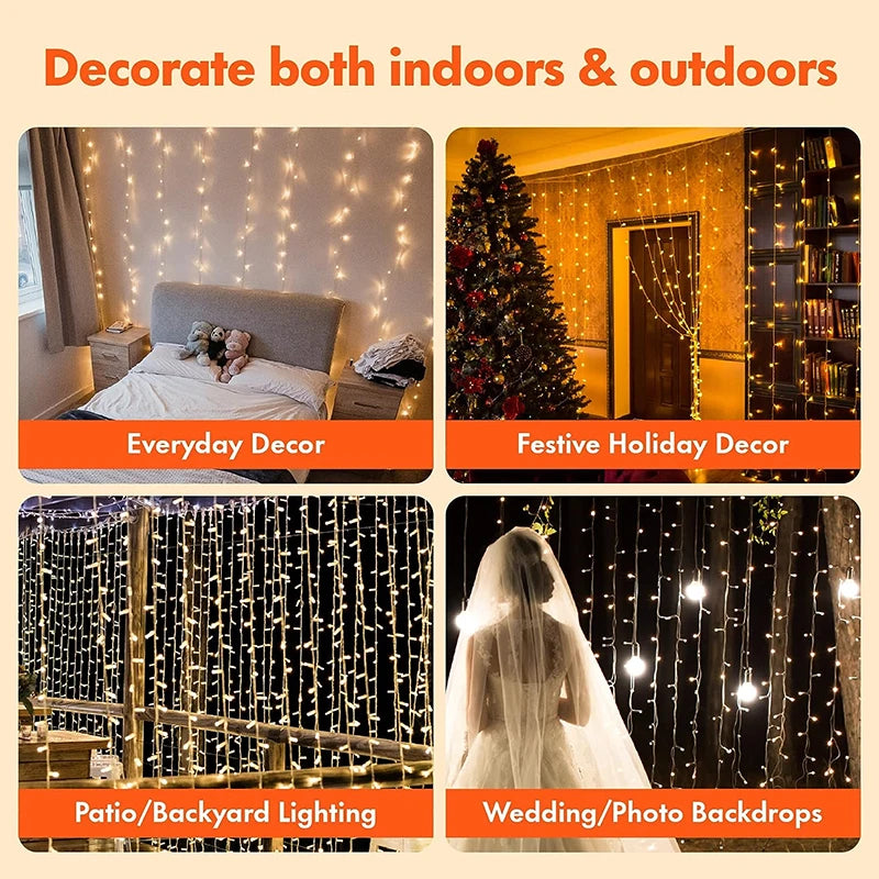 3M LED string lights with 8 modes illuminating a festive Christmas party