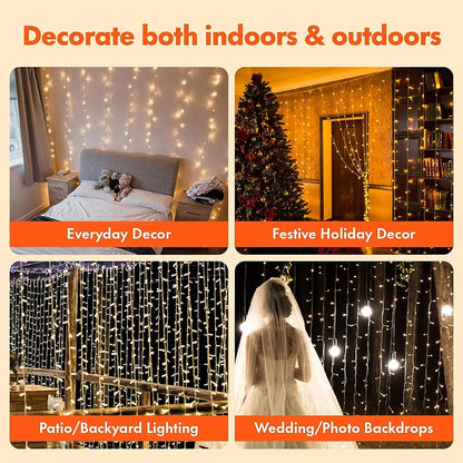 3M LED string lights with 8 modes illuminating a festive Christmas party