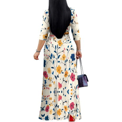 Woman in a vintage floral maxi dress with V-neck and ruched belt, perfect for casual summer style.