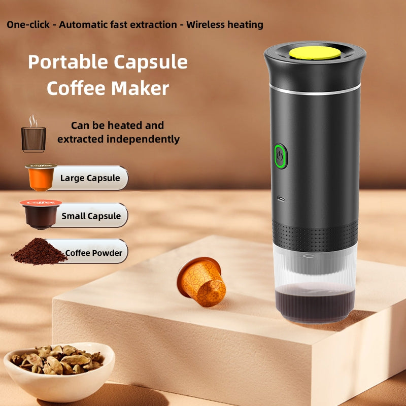 3 in 1 portable coffee maker for capsules, ground coffee, and travel use