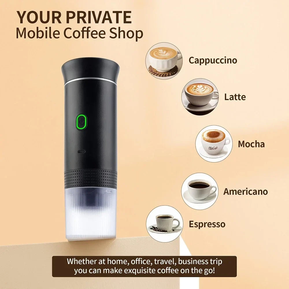 3 in 1 portable coffee maker for capsules, ground coffee, and travel use