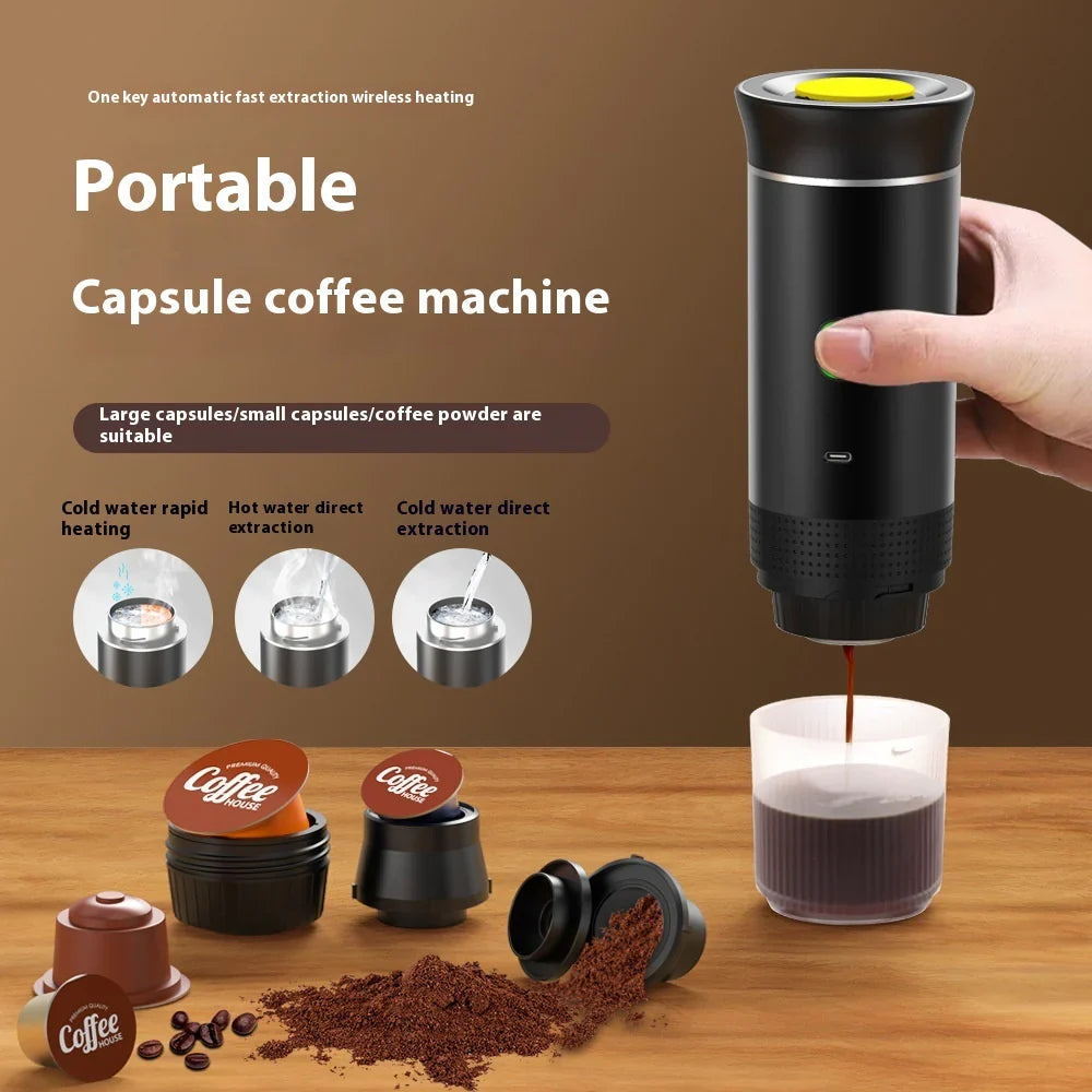 3 in 1 portable coffee maker for capsules, ground coffee, and travel use