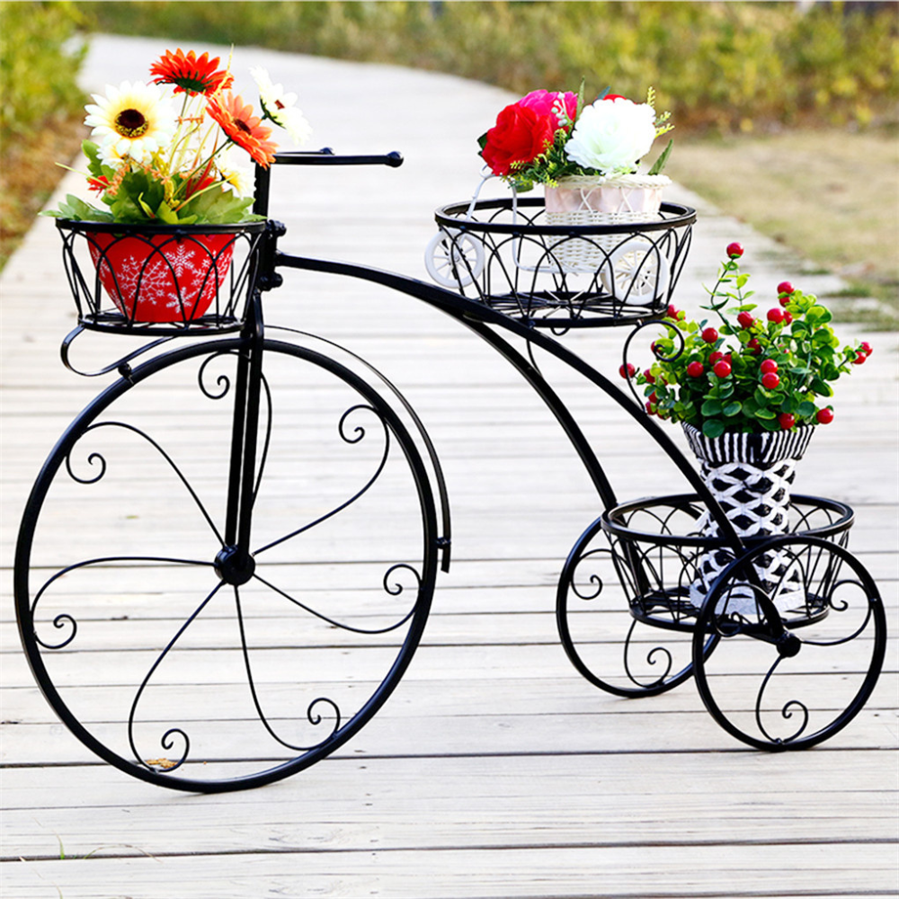 3 tier bicycle plant stand for decorative garden or indoor flower display

