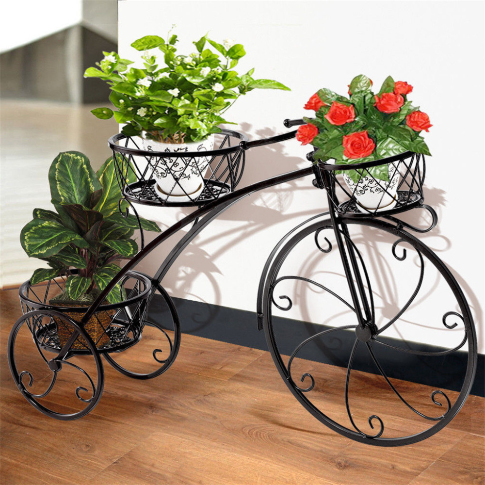 3 tier bicycle plant stand for decorative garden or indoor flower display

