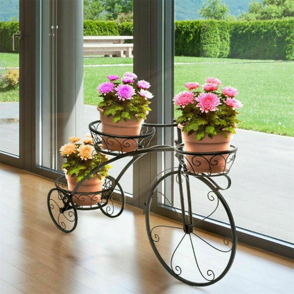 3 tier bicycle plant stand for decorative garden or indoor flower display

