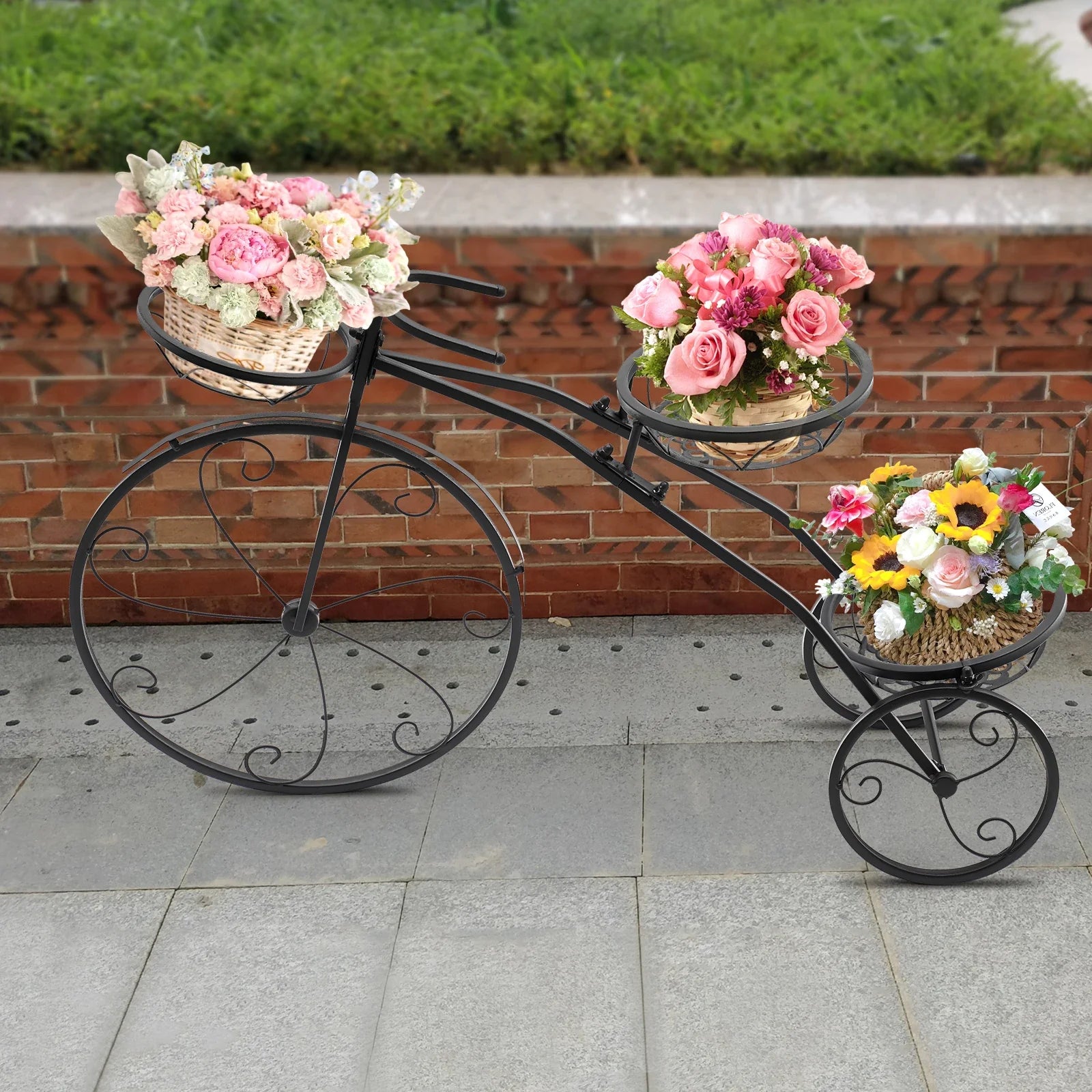 3 tier black flower pot holder rack made of durable metal for indoor and outdoor plants