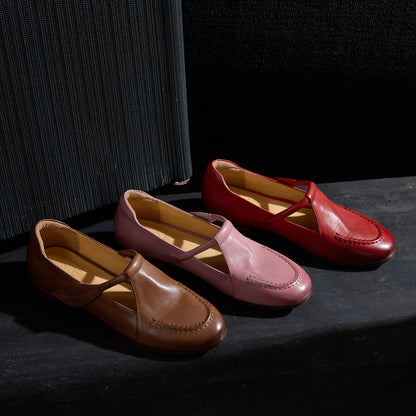 Women's Full Grain Leather T-Strap Mary Jane Flats, Premium Genuine Leather Casual Shoes