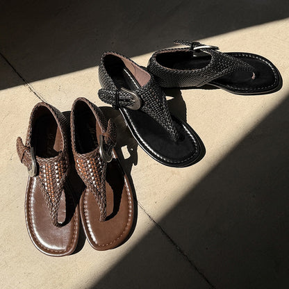 Women's Handwoven Cowhide Thong Sandals, Full-Grain Leather Ankle Buckle Flat Shoes