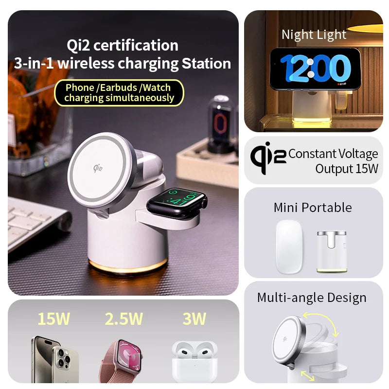Foldable 3-in-1 MagSafe wireless charging station for iPhone, Apple Watch, and AirPods with Type-C port

