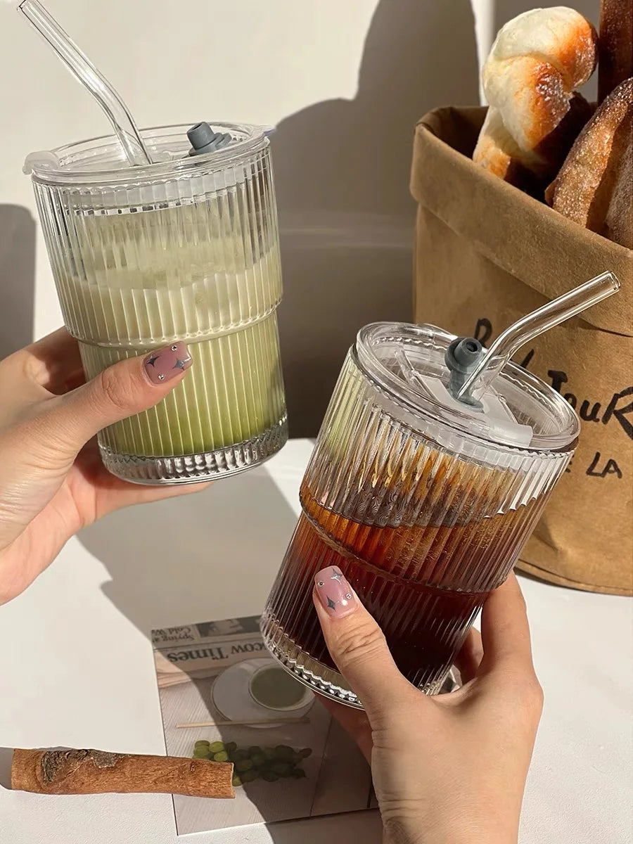 450ml iced coffee glass cup with lid and straw for reusable use