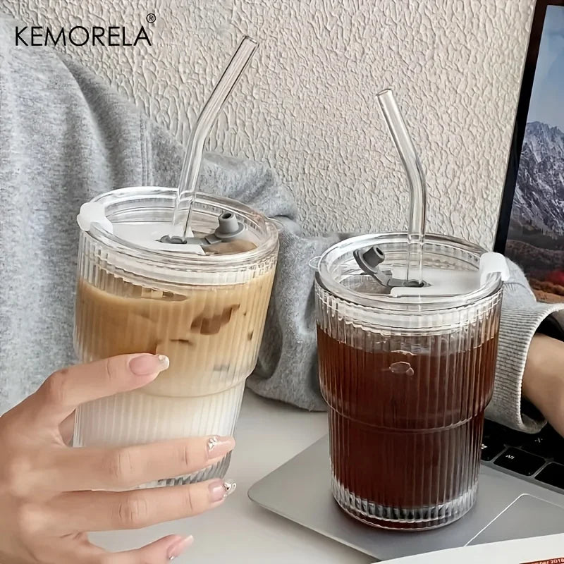 450ml iced coffee glass cup with lid and straw for reusable use