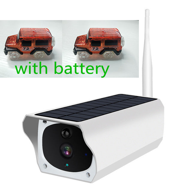 Solar powered security camera with metal body and wide surveillance angle