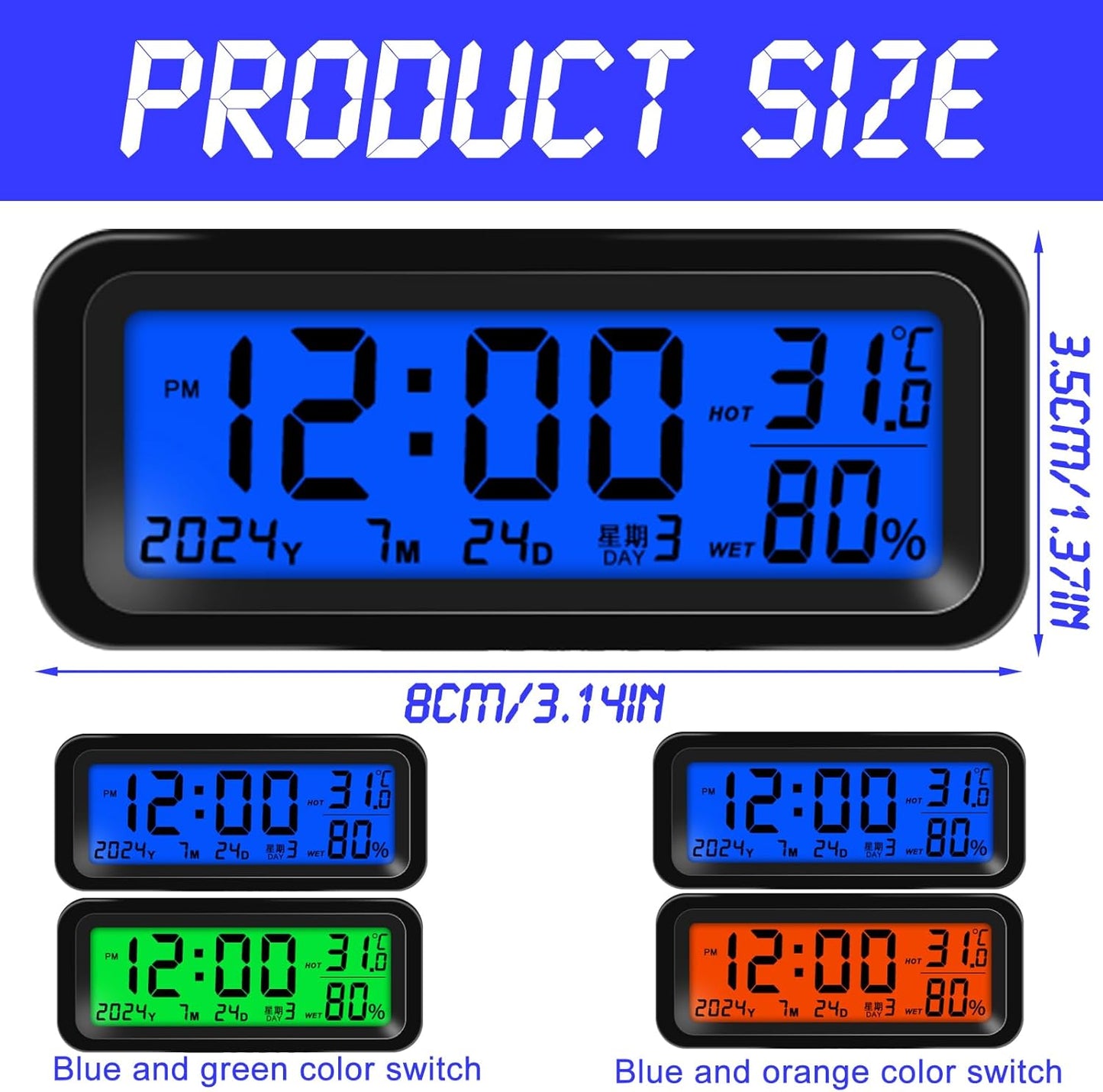 Car Digital Clock – Rechargeable Dashboard Clock with Time, Date, Temperature & Humidity Display – for Cars & Trucks