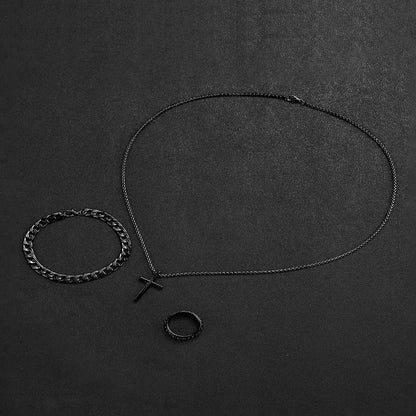4pcs Men's Black Steel Watch & Jewellery Set