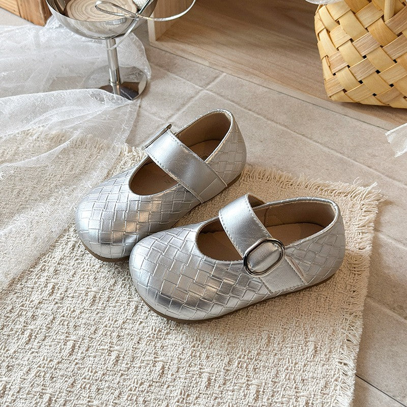 Korean Version Girls' Leather Shoes, Baby Woven Soft Sole Single Shoes, Little Girls' Princess Shoes, Mary Jane Shoes