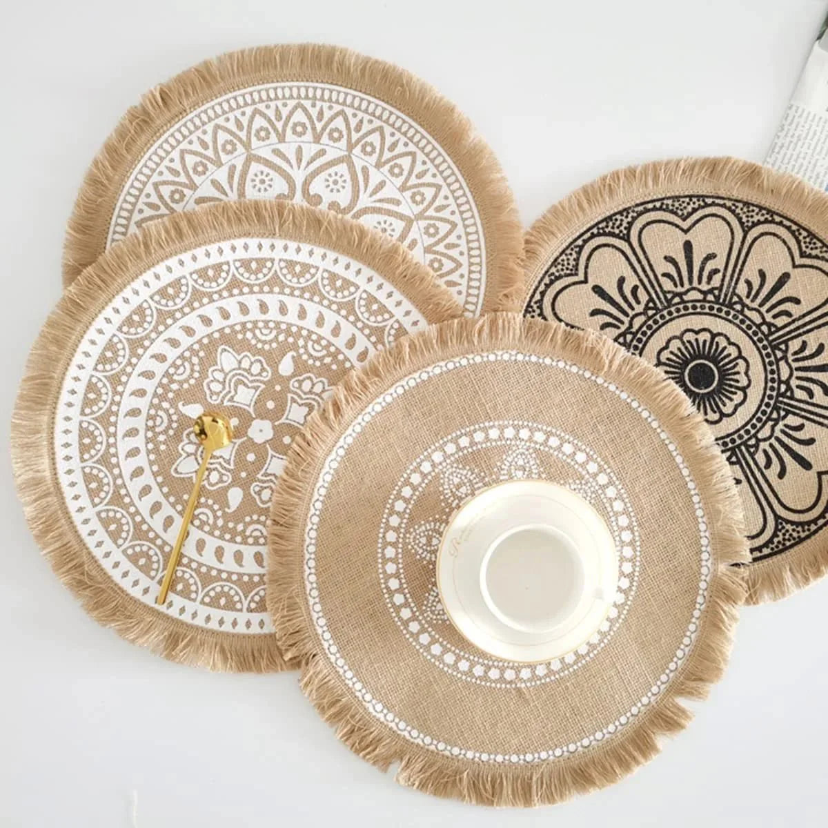 4pcs/6pcs Natural Vintage Jute Woven Placemats Bohemian Style Party Party Decoration Hanging Wall Decoration Mat Vase Mat