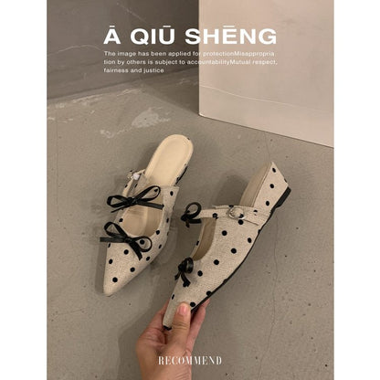 Women's Closed Toe Mules, Sweet Pointed Toe Bow Polka Dot Wedge Slippers 2026 New Elegant Casual Shoes