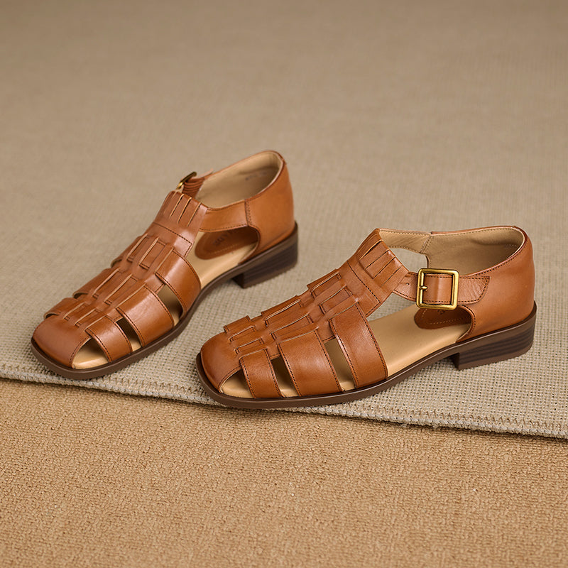Women's Handmade Full-Grain Leather Fisherman Sandals, Woven Closed Toe Buckle Flat Shoes
