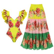 One Piece Bathing Suit for Women with Bikini Maxi Wrap Skirt 2Pcs Floral Print Swimsuit High Waist Tummy Control Beach Suits