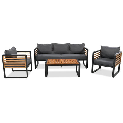 5 person metal acacia wood outdoor patio set with cushioned seating

