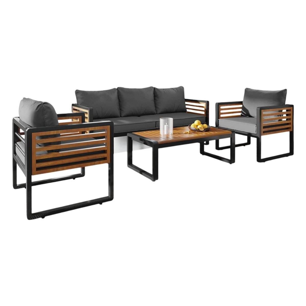 5 person metal acacia wood outdoor patio set with cushioned seating

