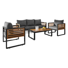 5 person metal acacia wood outdoor patio set with cushioned seating

