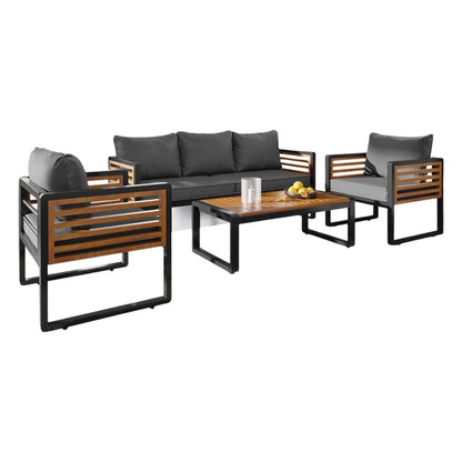 5 person metal acacia wood outdoor patio set with cushioned seating

