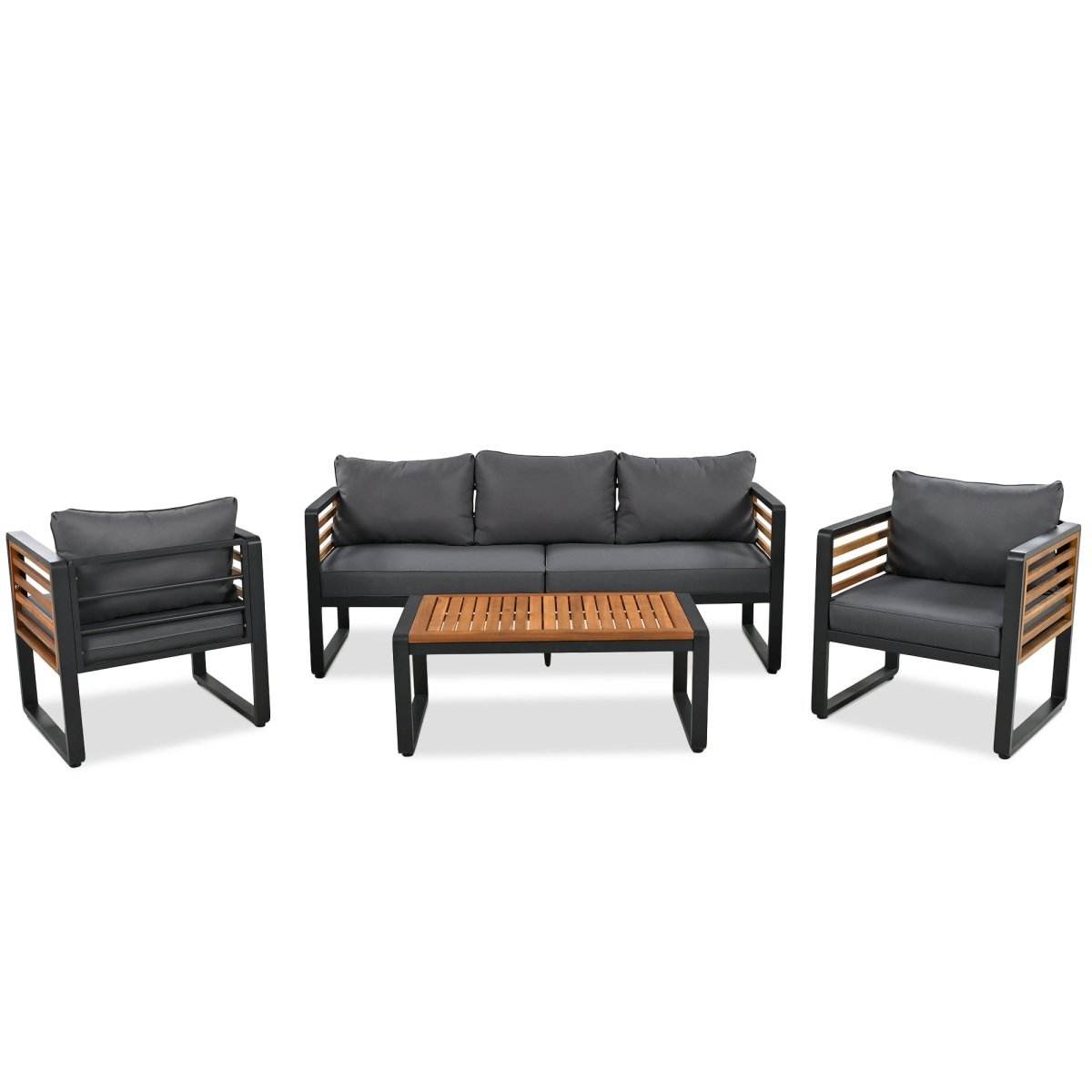 5 person metal acacia wood outdoor patio set with cushioned seating

