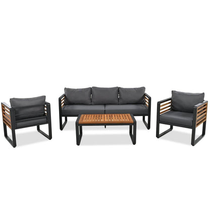 5 person metal acacia wood outdoor patio set with cushioned seating

