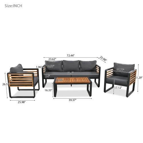 5 person metal acacia wood outdoor patio set with cushioned seating

