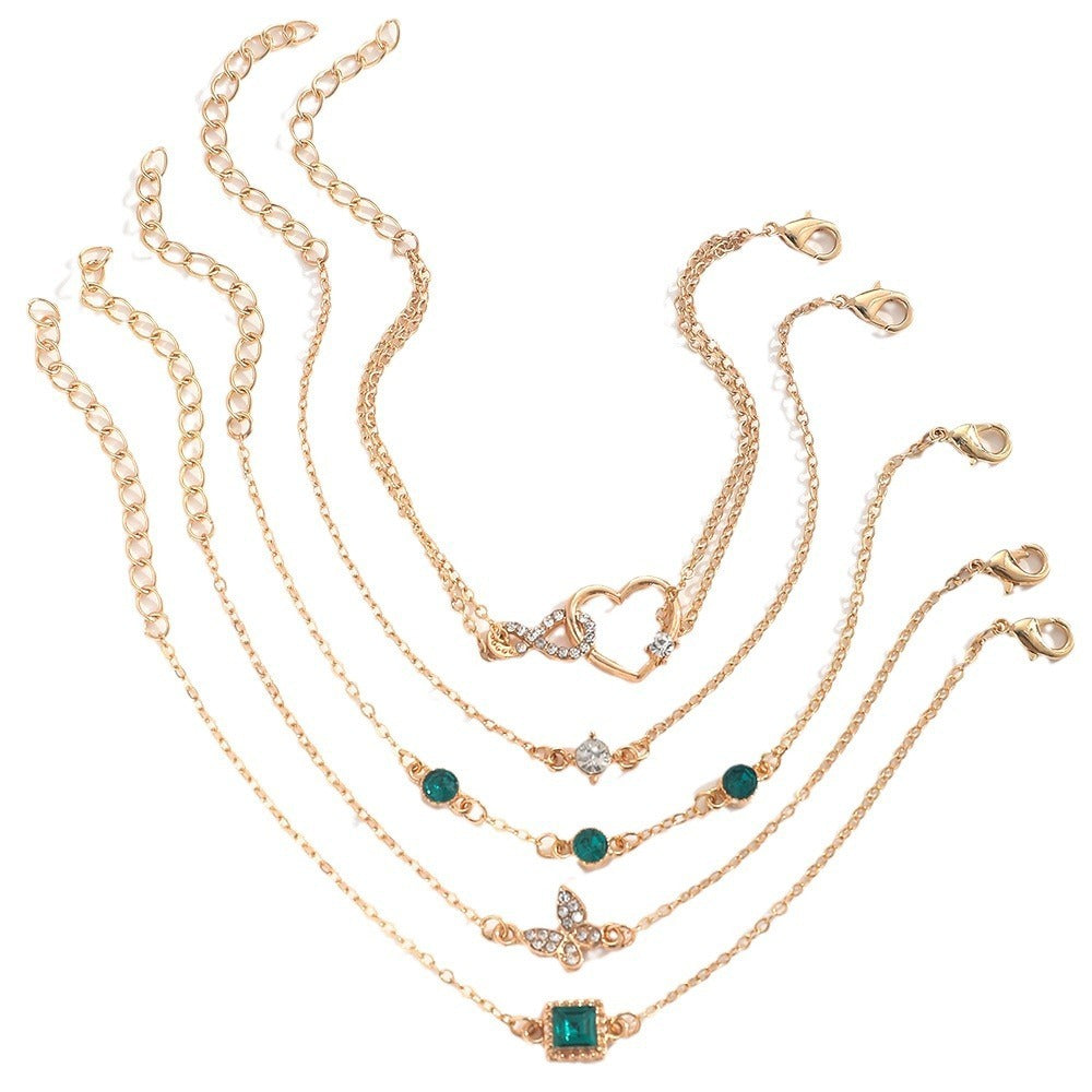 Women’s 5-piece bohemian green crystal bracelets with heart design
