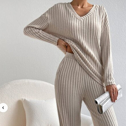 Women's V-Neck Ribbed 2-Piece Set for Fall and Winter