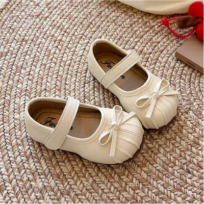 Xiaoxiangfeng Pleated Little Leather Shoes, Girls' Bow Princess Shoes, Shallow Single Shoes