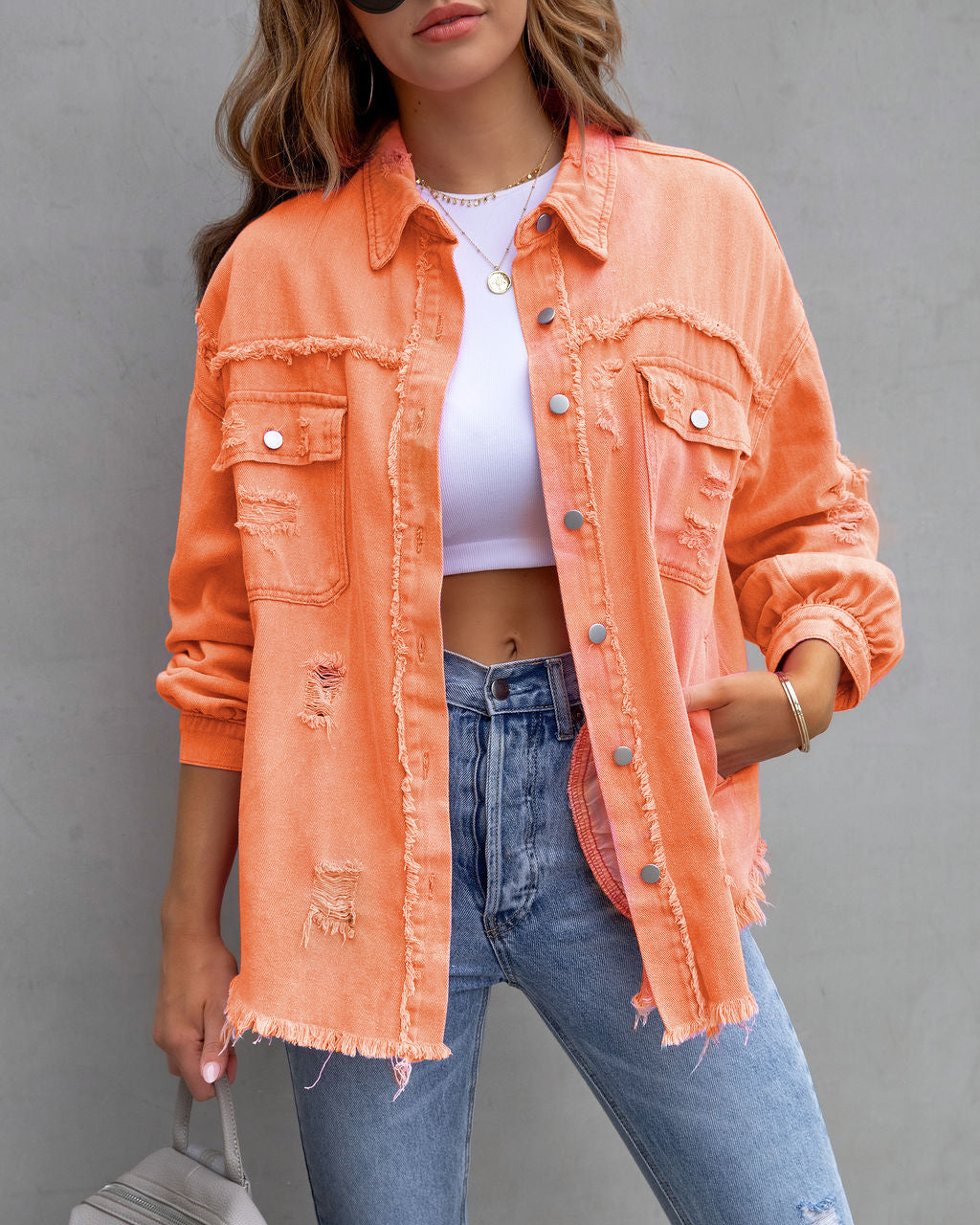 Women’s Fashion Ripped Shirt Jacket for Autumn and Spring Casual Tops